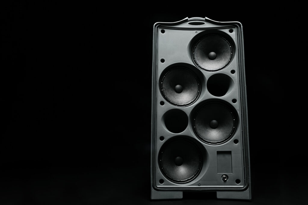 Audio system stereo column on dark background close up
